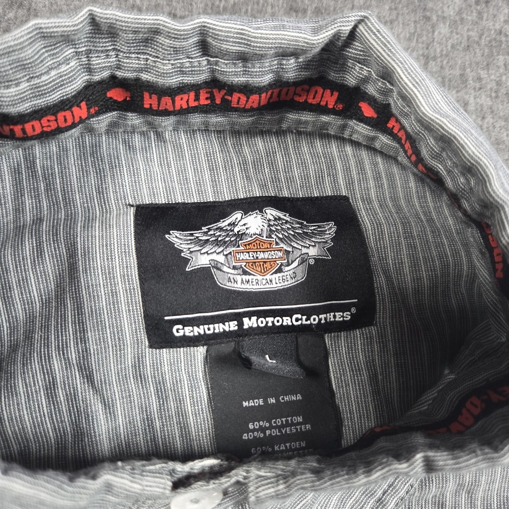 Harley-Davidson Shirt Mens Large Gray Striped Short Sleeve Button Front Patch - Picture 5 of 8